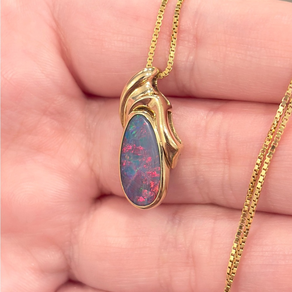 14K Australian Opal Pendant, Vintage Doublet, Crystal Dark Natural, Colorful IOG - Picture 7 of 14